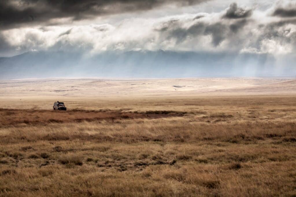 Tanzania 2025 jeep nella caldera del cratere Ngorongoro sotto cielo nuvoloso – Viaggi Over 55