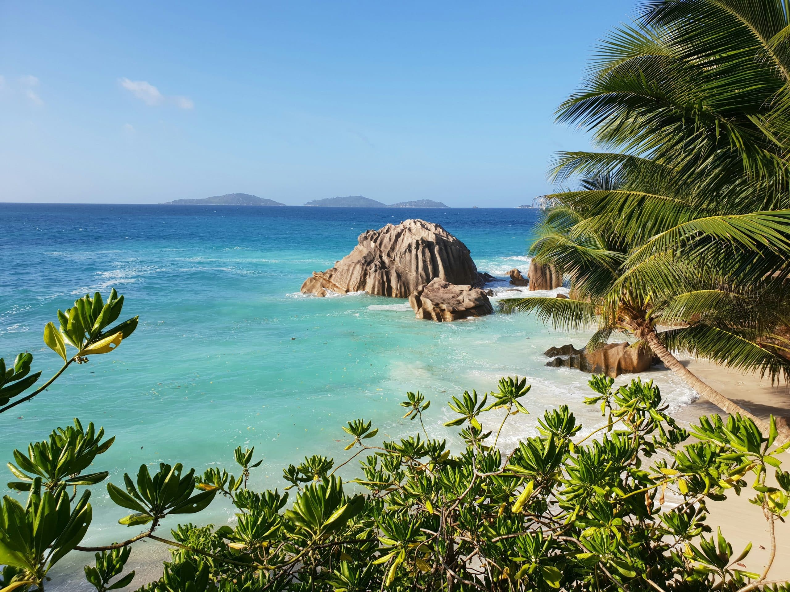 Tropical beach scene with turquoise water, sandy shore, palm trees, and a rocky outcrop in the sea.