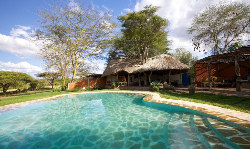 Outdoor pool with a thatched-roof cabana and seating area under trees against a blue sky.