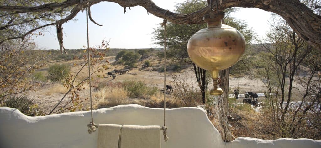 Brass lamp hanging from a tree over a white wall, with a dry savanna and a herd of elephants by a waterhole in the distance.