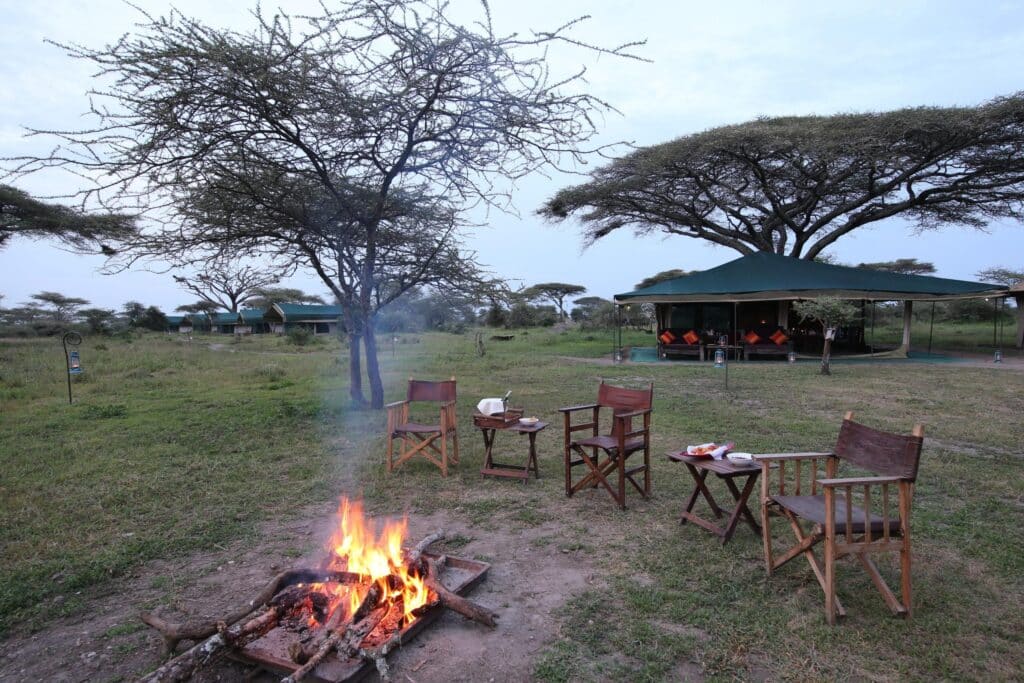 Outdoor campsite with a blazing campfire in the foreground, wooden chairs arranged around it, and a large green canopy shelter in the background under leafless trees.