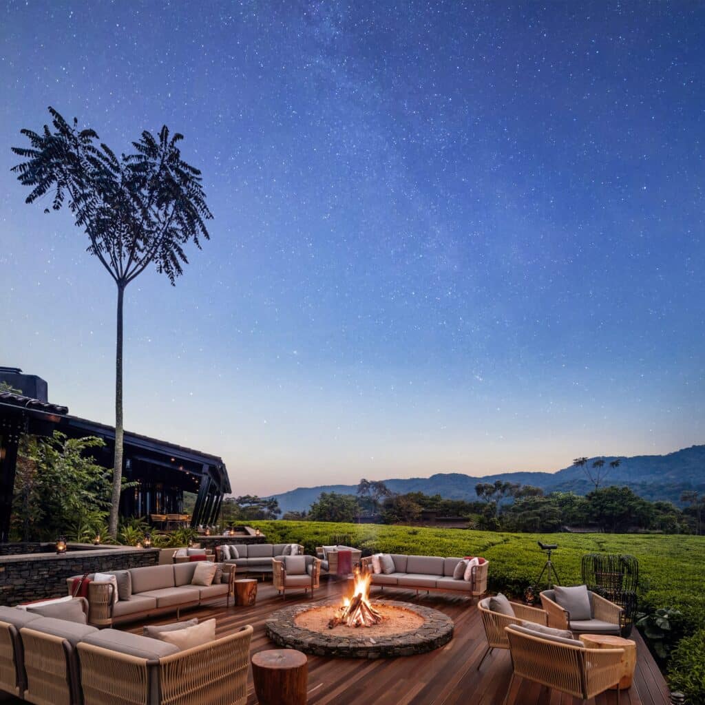 Outdoor lounge around a lit circular fire pit at dusk, with wicker sofas and mountain backdrop under a starry sky.