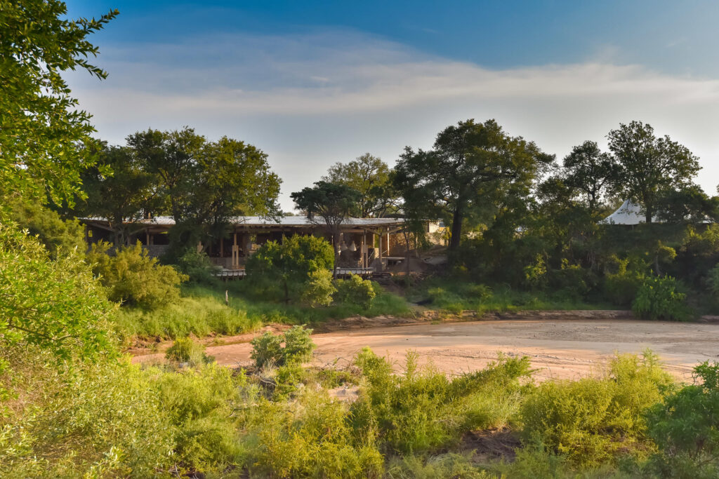 A rustic open-air building tucked among trees, with a dirt road and grassy foreground under a clear blue sky.