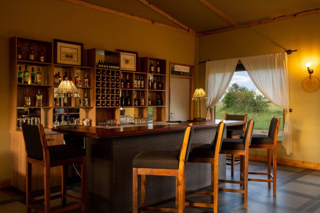 Cozy bar interior with wooden shelves of bottles, a polished counter, and warm lighting.