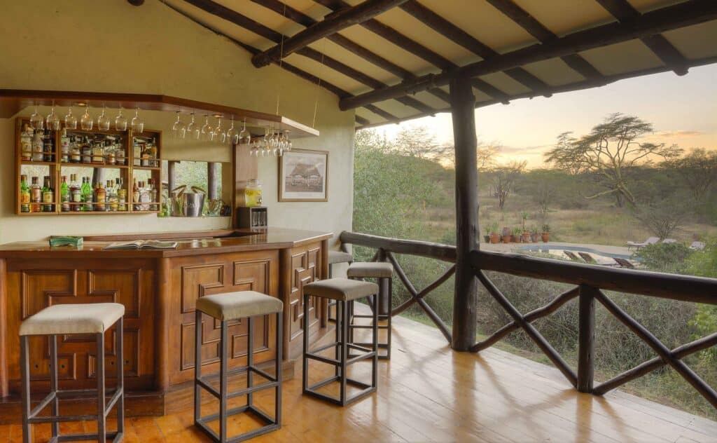 Wooden bar with stools on a covered veranda, wine glasses hanging overhead and liquor bottles on shelves, with a savanna view outside.