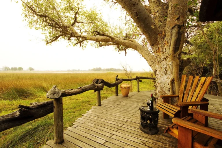 Wooden deck under a large tree overlooking a golden marsh, with two Adirondack chairs and a small table holding wine and glasses.
